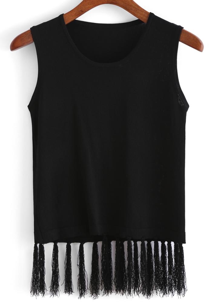 Romwe With Tassel Black Tank Top