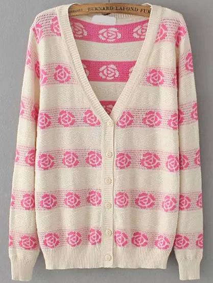 Romwe With Buttons Rose Print Red Cardigan