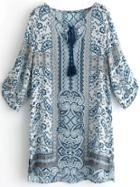Romwe Blue Tribal Print Lace Up Neck Side Slit Dress