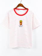 Romwe Contrast Neck French Fries Embroidered Striped T-shirt - Red