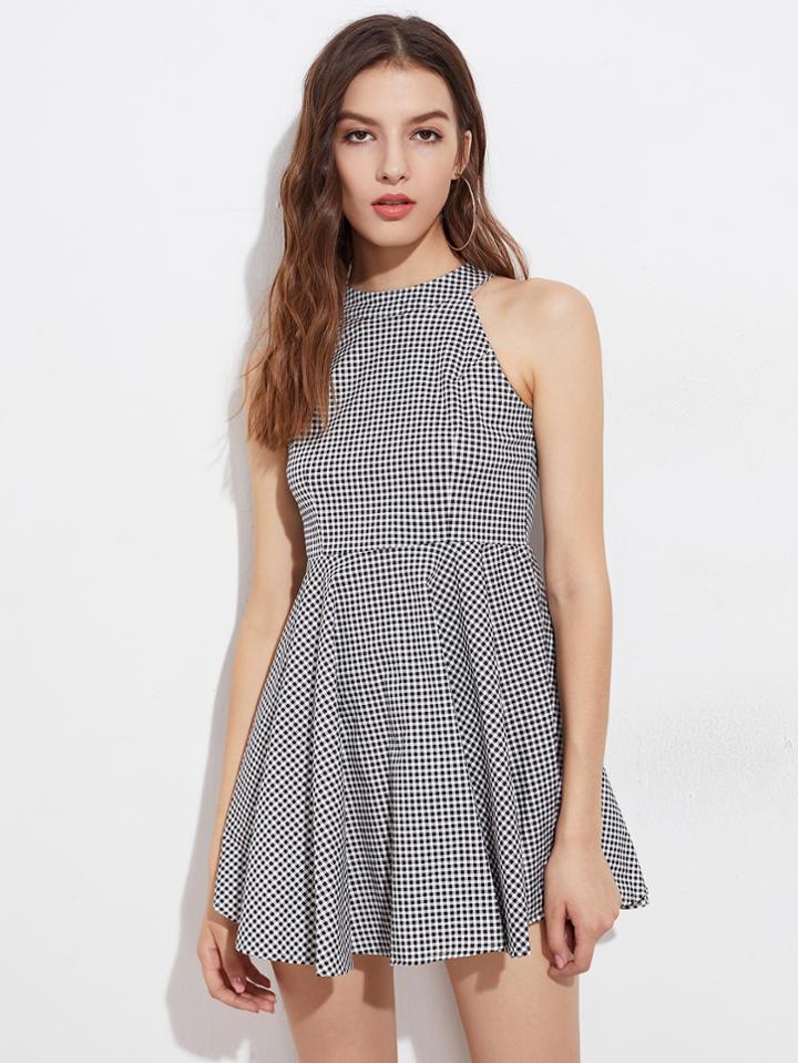 Romwe Halter Neck Checked Flare Dress