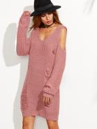 Romwe Pink V Neck Cold Shoulder Ripped Sweater Dress