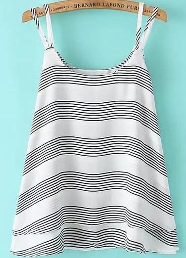 Romwe Spaghetti Strap Striped Chiffon White Cami Top