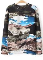 Romwe Mountain Print Loose Sweatshirt