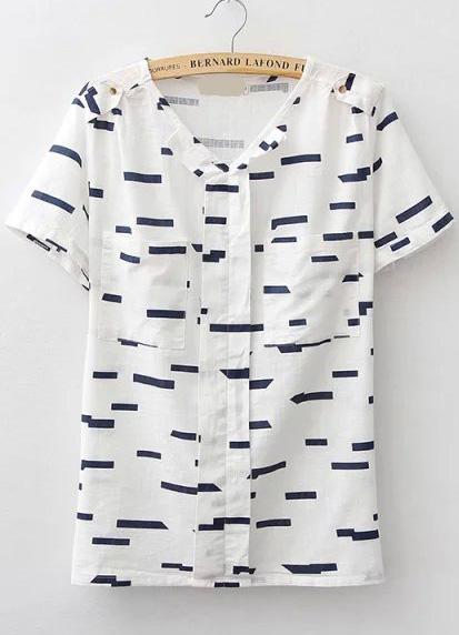 Romwe V Neck Bar Print White Top