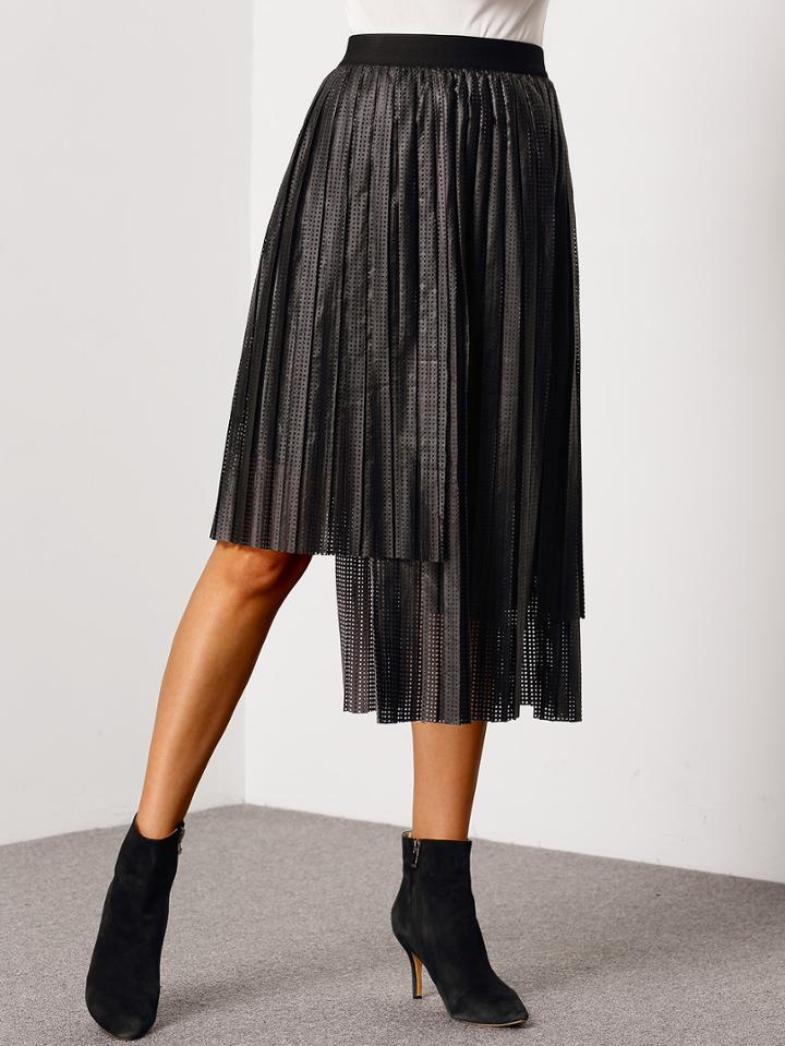 Romwe Elastic Waist Eyelet Asymmetrical Pleated Skirt
