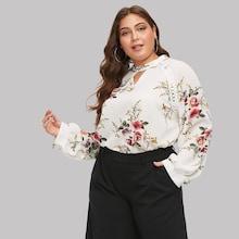 Romwe Plus Raglan Sleeve Floral Cut Out Blouse