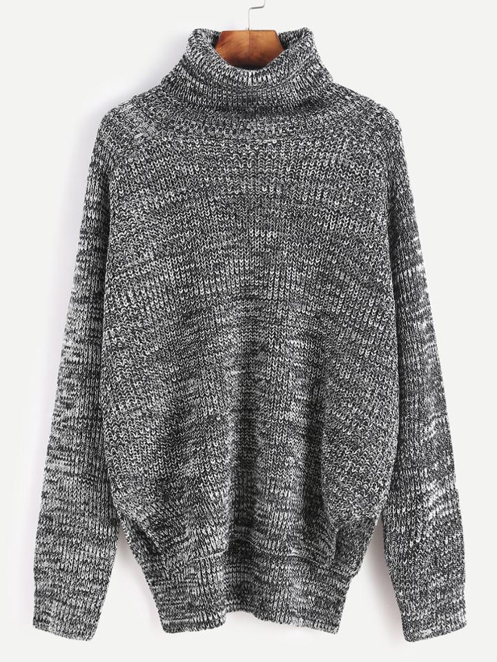 Romwe Grey Turtleneck High Low Slit Side Slub Sweater