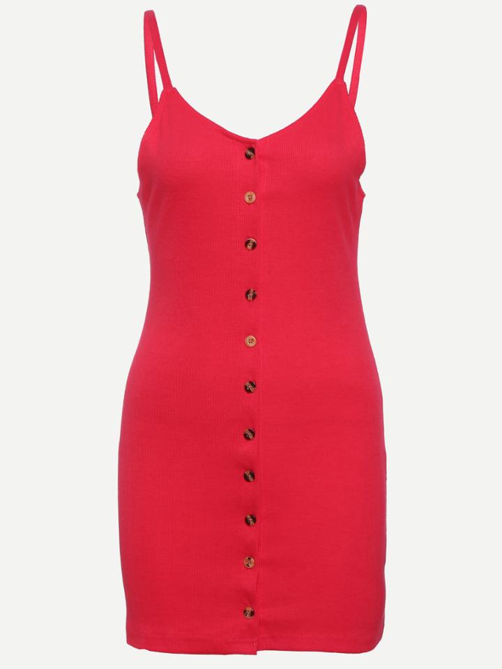 Romwe Buttoned Front Ribbed Cami Dress - Red