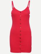 Romwe Buttoned Front Ribbed Cami Dress - Red