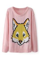 Romwe Cute Fox Head Knitted Pink Jumper