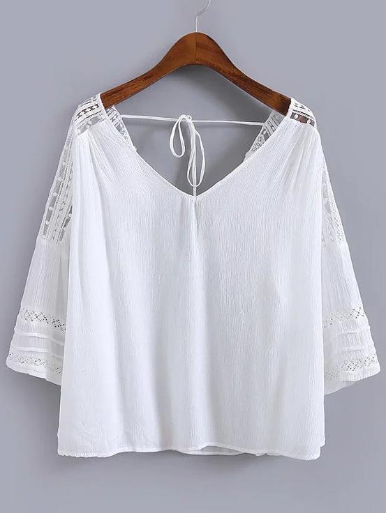 Romwe V Neck Lace Insert Chiffon White Shirt