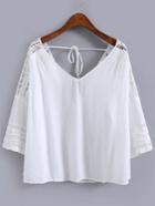 Romwe V Neck Lace Insert Chiffon White Shirt