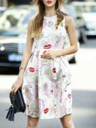 Romwe Apricot Round Neck Sleeveless Flare Print Dress