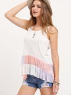 Romwe Multicolor Sleeveless Patchwork Ruffle T-shirt