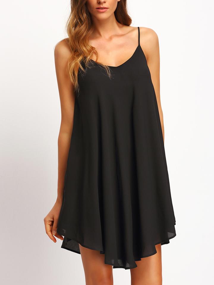 Romwe Black Asymmetrical Criss Cross Back Spaghetti Strap Sundress