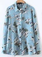Romwe Blue Cranes Print Blouse With Buttons