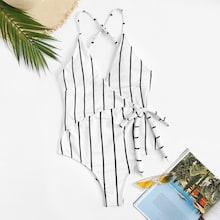 Romwe Striped Knot Side Criss Cross Backless One Piece Swimsuit