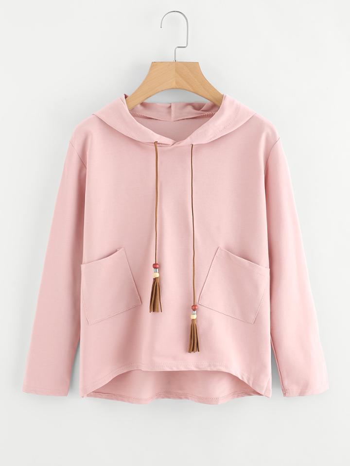 Romwe Dip Hem Fringe Drawstring Hooded T-shirt