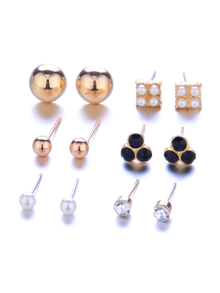 Romwe Faux Pearl & Round Design Stud Earring Set