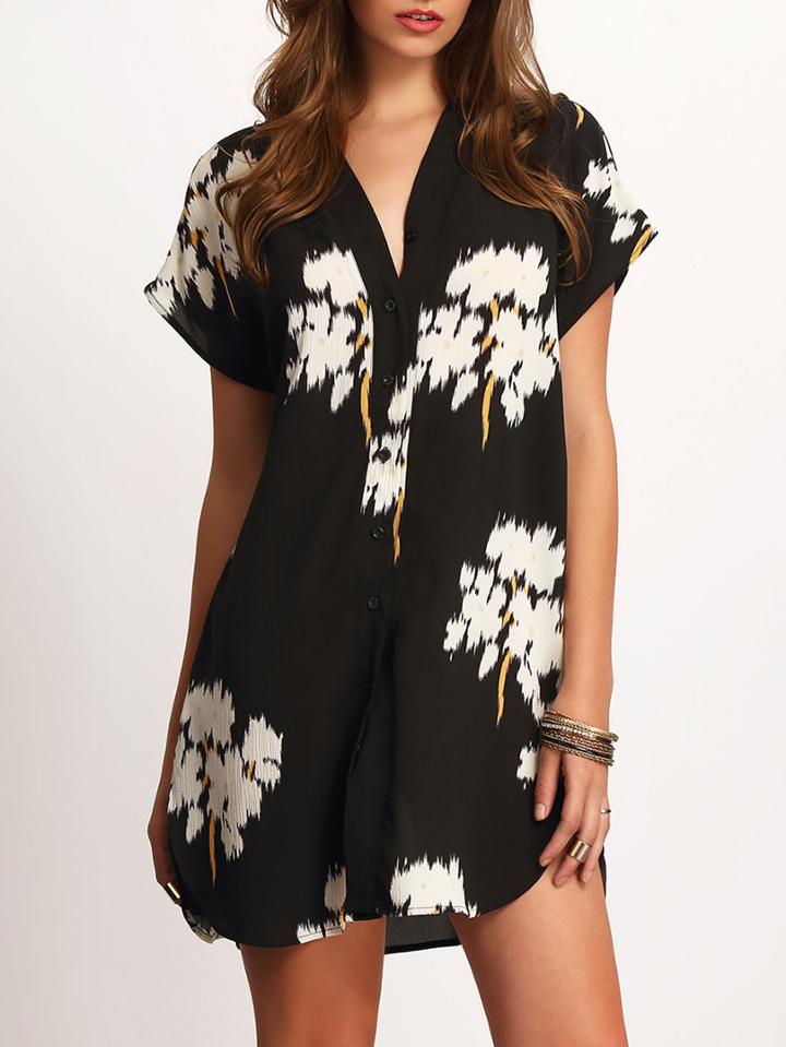 Romwe V-neck Floral Print Dolphin Hem Dress