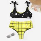 Romwe Grid & Graphic Print Tie Shoulder Bikini