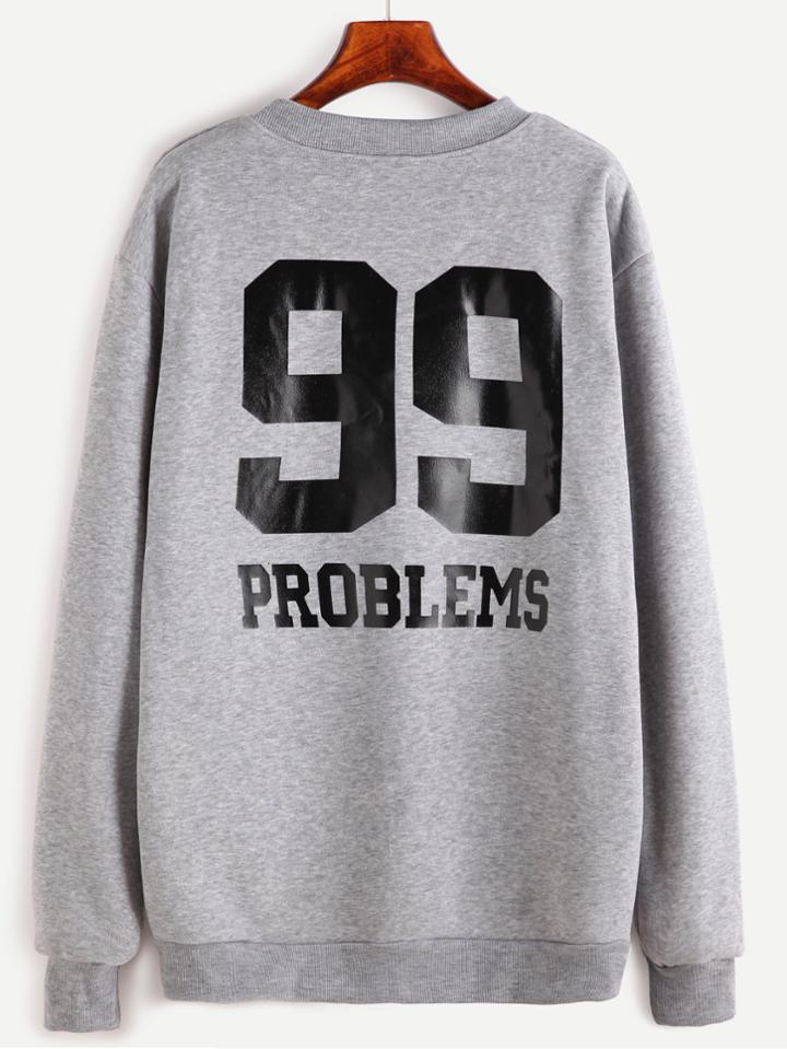 Romwe Grey Number Print Back Sweatshirt