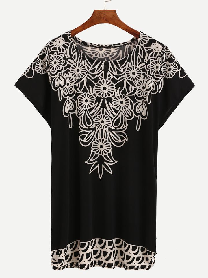 Romwe Flower Print Loose-fit Dress - Black