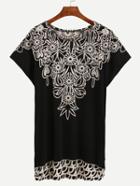 Romwe Flower Print Loose-fit Dress - Black