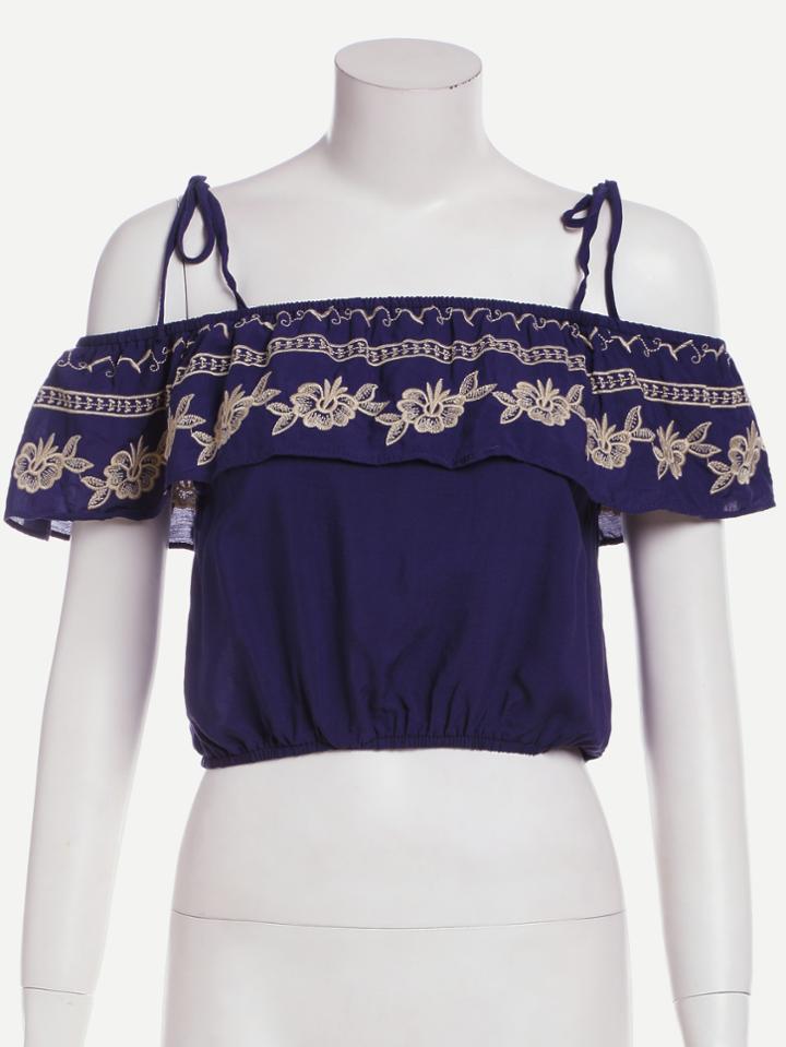 Romwe Navy Embroidered Cold Shoulder Top