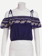 Romwe Navy Embroidered Cold Shoulder Top