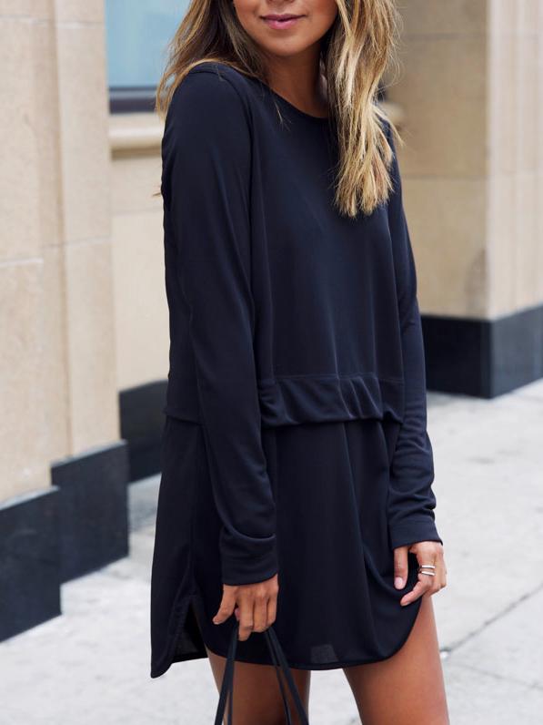 Romwe Black Round Neck Long Sleeve Loose Dress