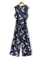 Romwe Cranes Print Tie Waist Zipper Back Jumpsuit