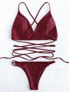 Romwe Burgundy Strappy Detail Triangle Bikini Set