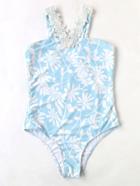 Romwe Light Blue Floral Print Crochet Detail One-piece Swimwear