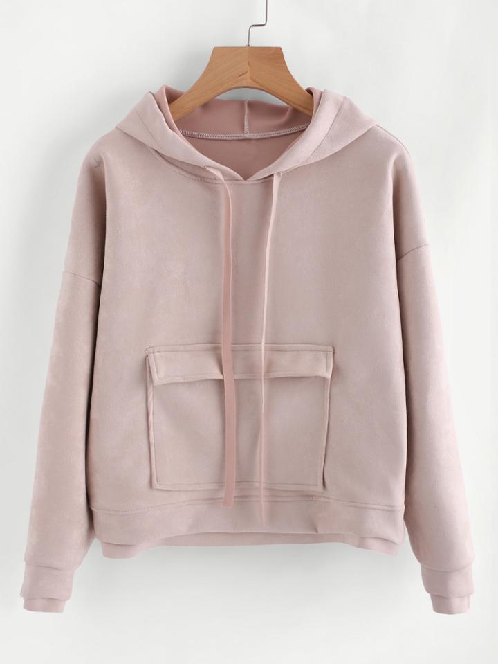Romwe Hooded Drop Shoulder Suede Sweatshirt