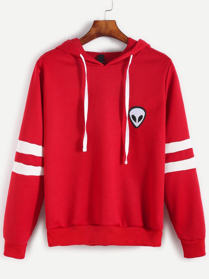 Romwe Varsity Striped Alien Embroidered Hooded Sweatshirt