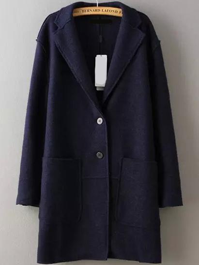 Romwe Lapel Pockets Buttons Navy Coat