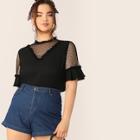Romwe Plus Lace Frill & Mesh Insert Bell Sleeve Top