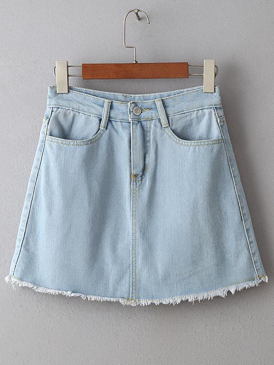 Romwe Light Blue Button Fly Raw-edged Cut Skirt