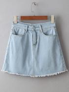 Romwe Light Blue Button Fly Raw-edged Cut Skirt