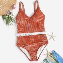Romwe Ribbed Belted Low Back One Piece Swimsuit