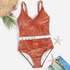 Romwe Ribbed Belted Low Back One Piece Swimsuit