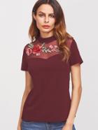 Romwe Embroidered Flower Applique Mesh Sweetheart Tee