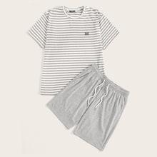 Romwe Guys Patch Detail Striped Top & Sweat Shorts Pj Set