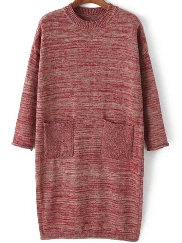 Romwe Long Sleeve Red Sweater Dress With Pockets