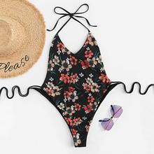 Romwe Random Flower Print Tie Side Halter Monokini