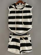 Romwe Striped Hooded Tank Top With Shorts
