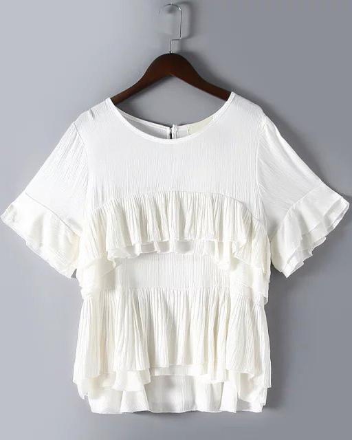 Romwe White Round Neck Cascading Ruffle Loose Blouse