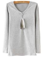 Romwe V Neck Buttons Grey T-shirt